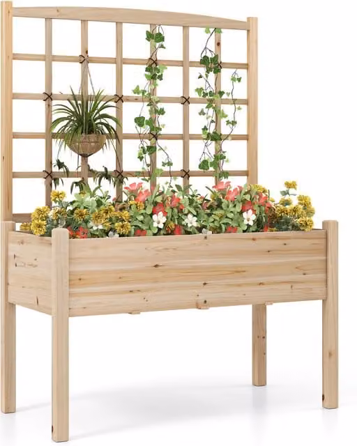 Costway Wooden Raised Garden Bed and Elevated Planter Box in Brown, W/D/H: 130 x 60 x 60 cm