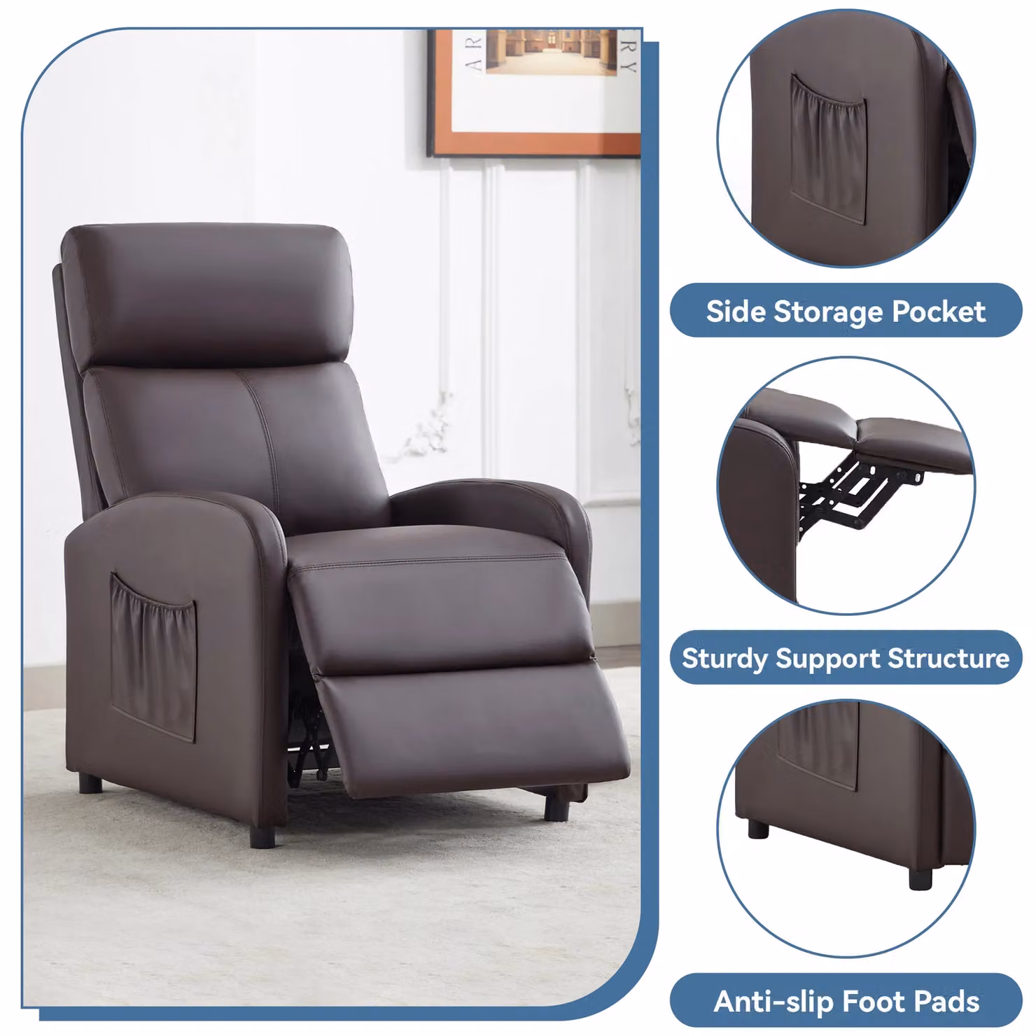 MCC Direct CozyLiving Faux Leather Push Back Reclining Armchair in Dark Brown – 4