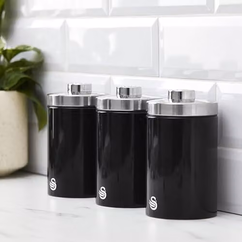 Swan Townhouse Bread Bin with 16L Capacity and Set of 3 Airtight Storage Canisters, 1.3L Each, Black – 5