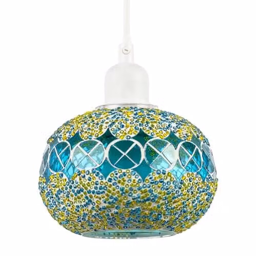Happy Homewares Glass Globe Mosaic Sphere Ceiling Pendant Lighting Shade in Petrol and Yellow, W/D/H: 15 x 15 x 11 cm – 1