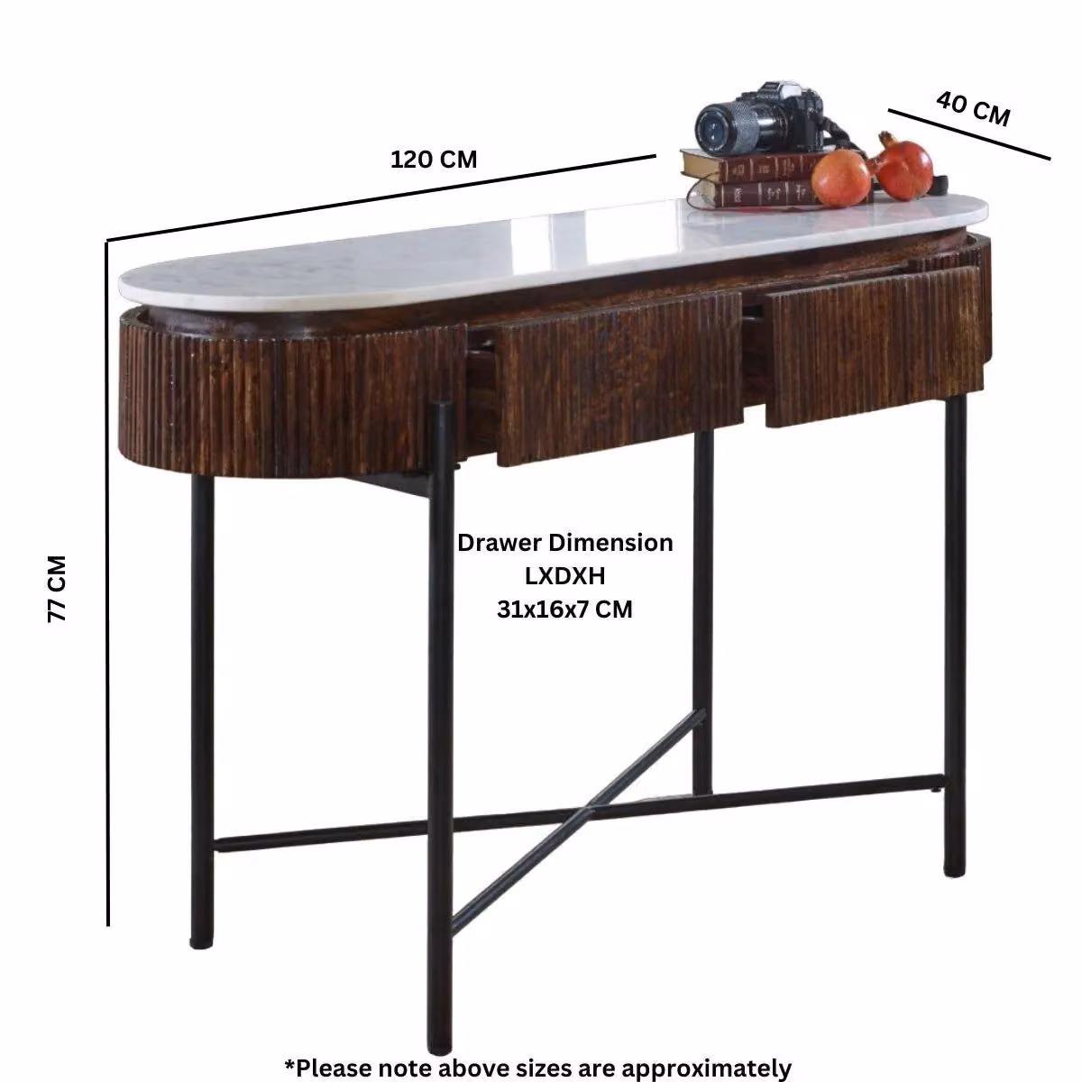 IH Design Tilden Mango Wood Console Table with White Marble Top and Metal Legs, W/D/H: 120 x 40 x 77 cm – 4