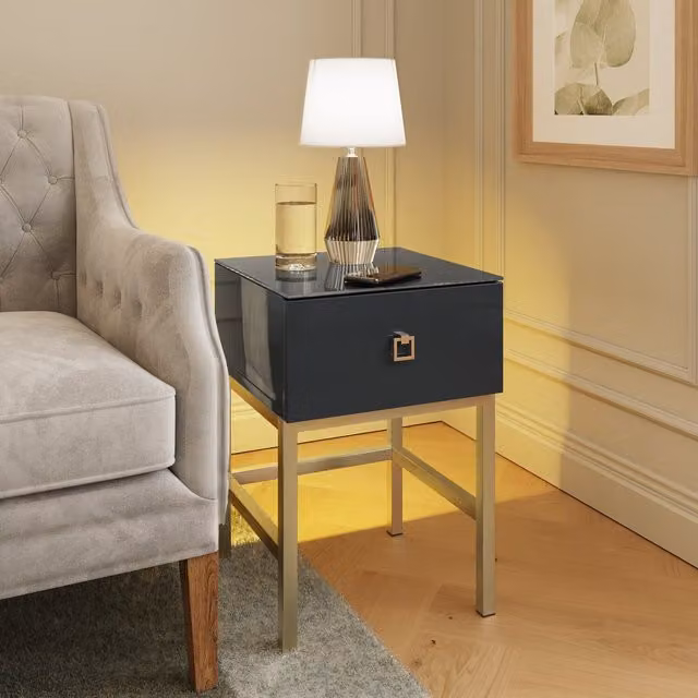 Frank Olsen Lyra Modern Side Table in Black and Purple with Glass and Metal Finish