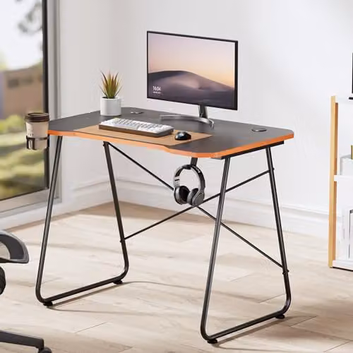 Properav Black Gaming and Home Office Computer Study Desk with Headphone Hook and Cup Holder, W/D/H: 120 x 60 x 75 cm – 2