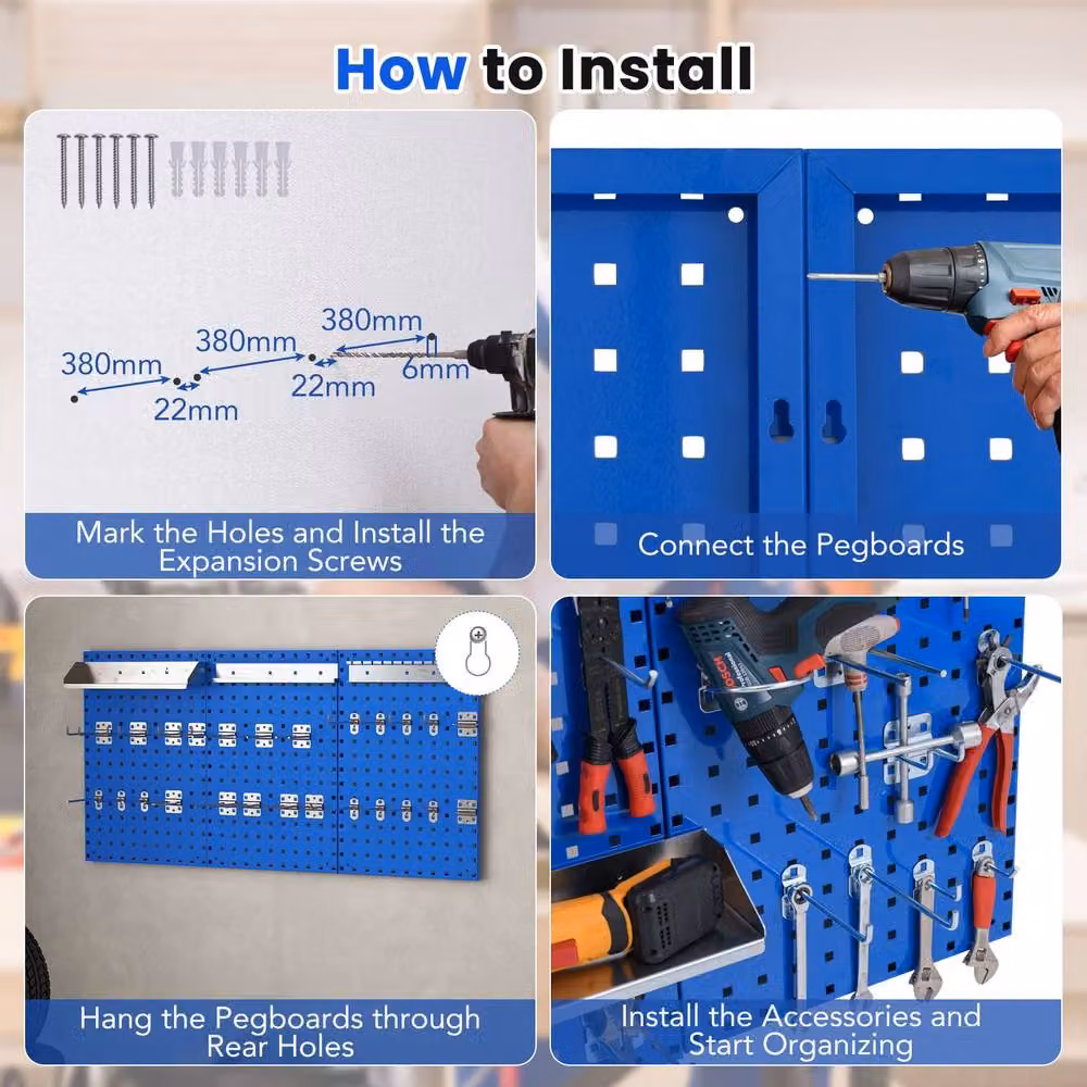 Gymax Wall-Mounted Metal Pegboard Tool Organising Kit in Blue – 3