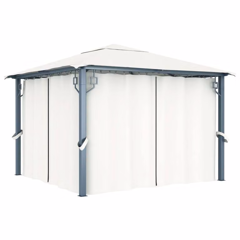 Berkfield Home Hip Gazebo with Curtains and LED String Lights, Beige Aluminium and Steel, W/D/H: 300 x 300 x 300 cm