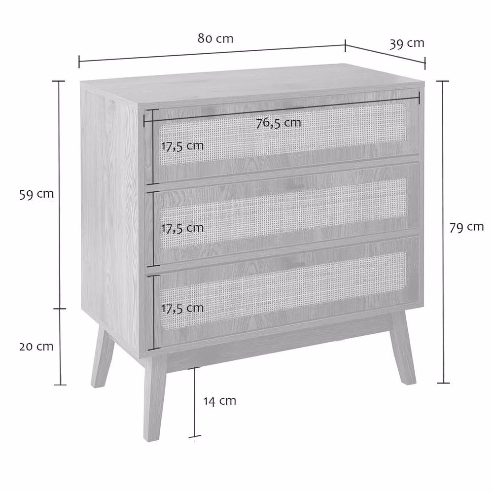 CALICOSY ALIA 3-Drawer Chest with Rattan Fronts and Wooden Legs in Brown, W: 80 cm, D: 39 cm, H: 79 cm – 3