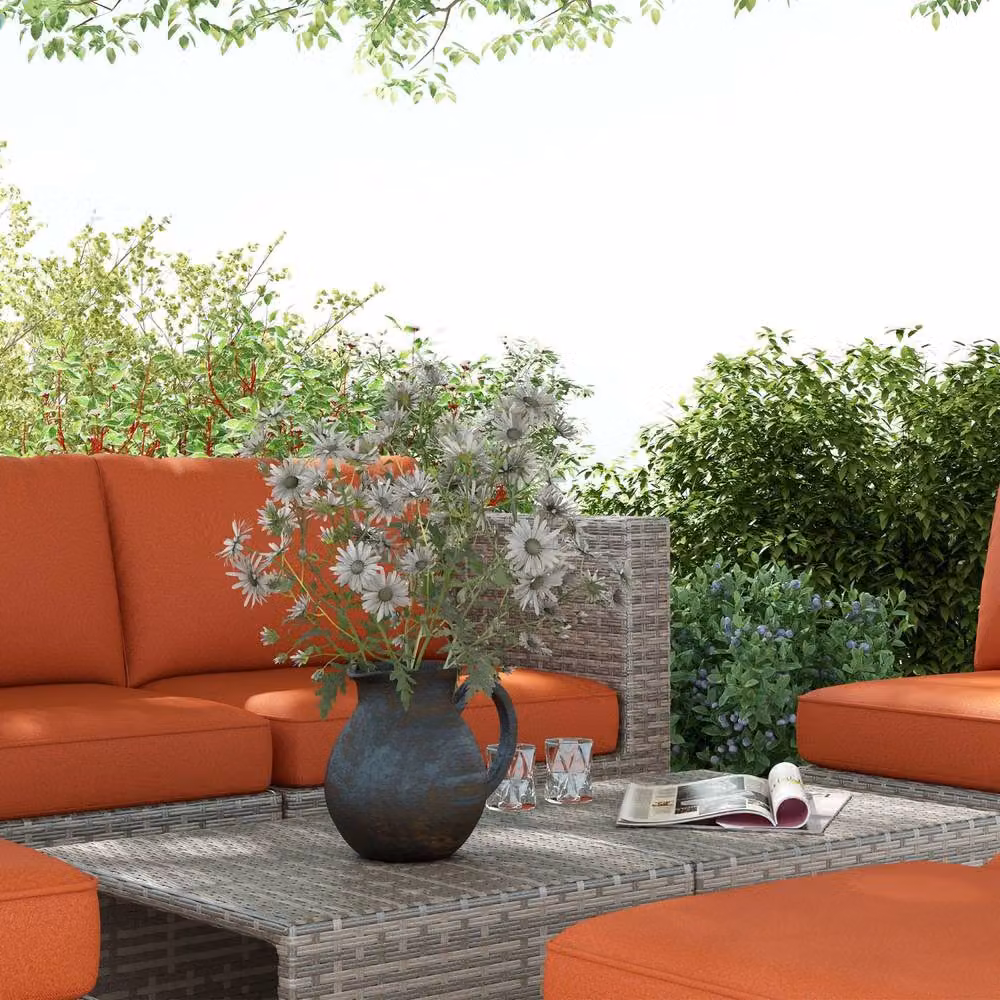 Wyld Haus Suve 6 Seater Grey PE Rattan Garden Furniture Set with Orange Cushions – 9