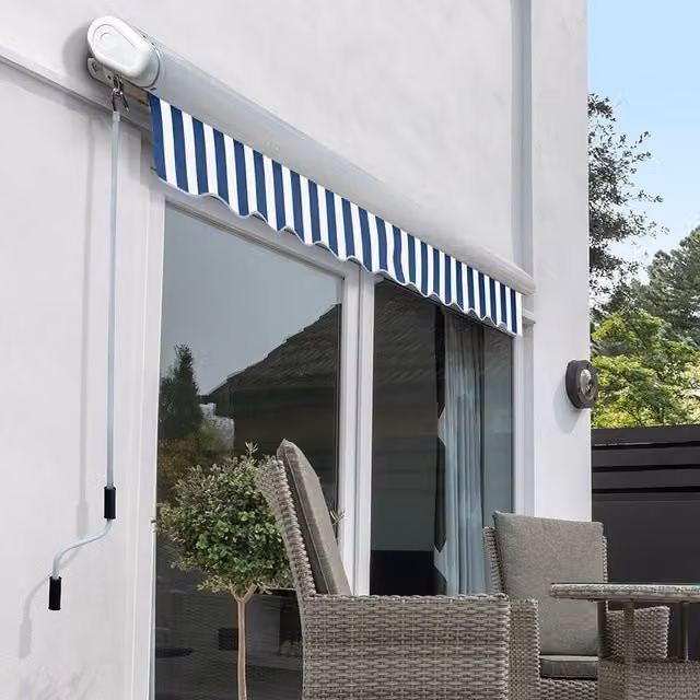 Primrose Full Cassette Electric Patio Awning with 3m Canopy in Blue and White Stripe