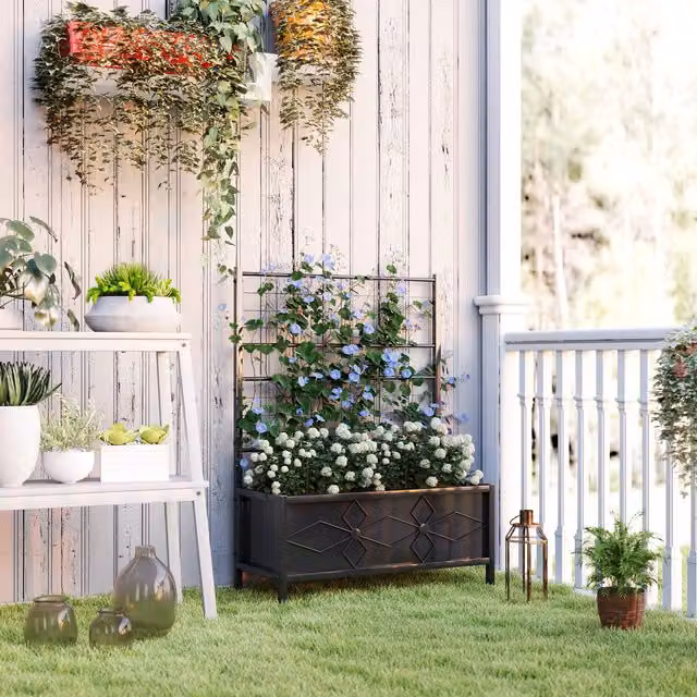 Outsunny Black Galvanised Steel Raised Bed with Trellis for Vegetable Gardens
