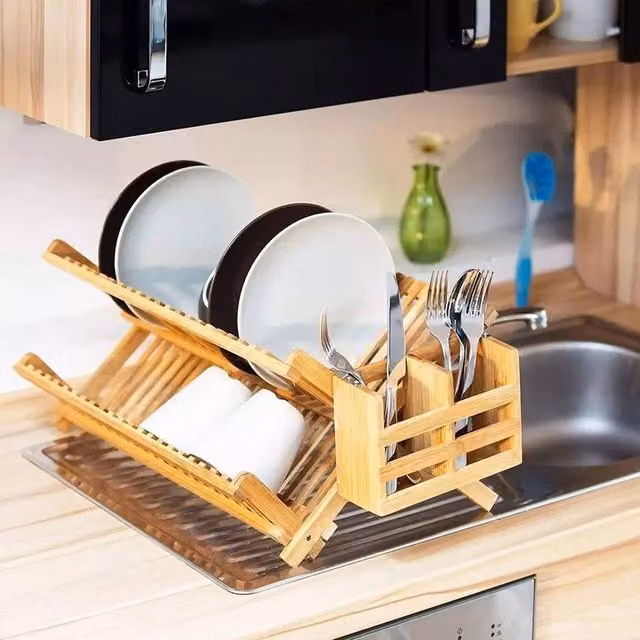 SPETLEK 2-Piece Brown Bamboo Dish Drainer Set with Foldable Cutlery Holder