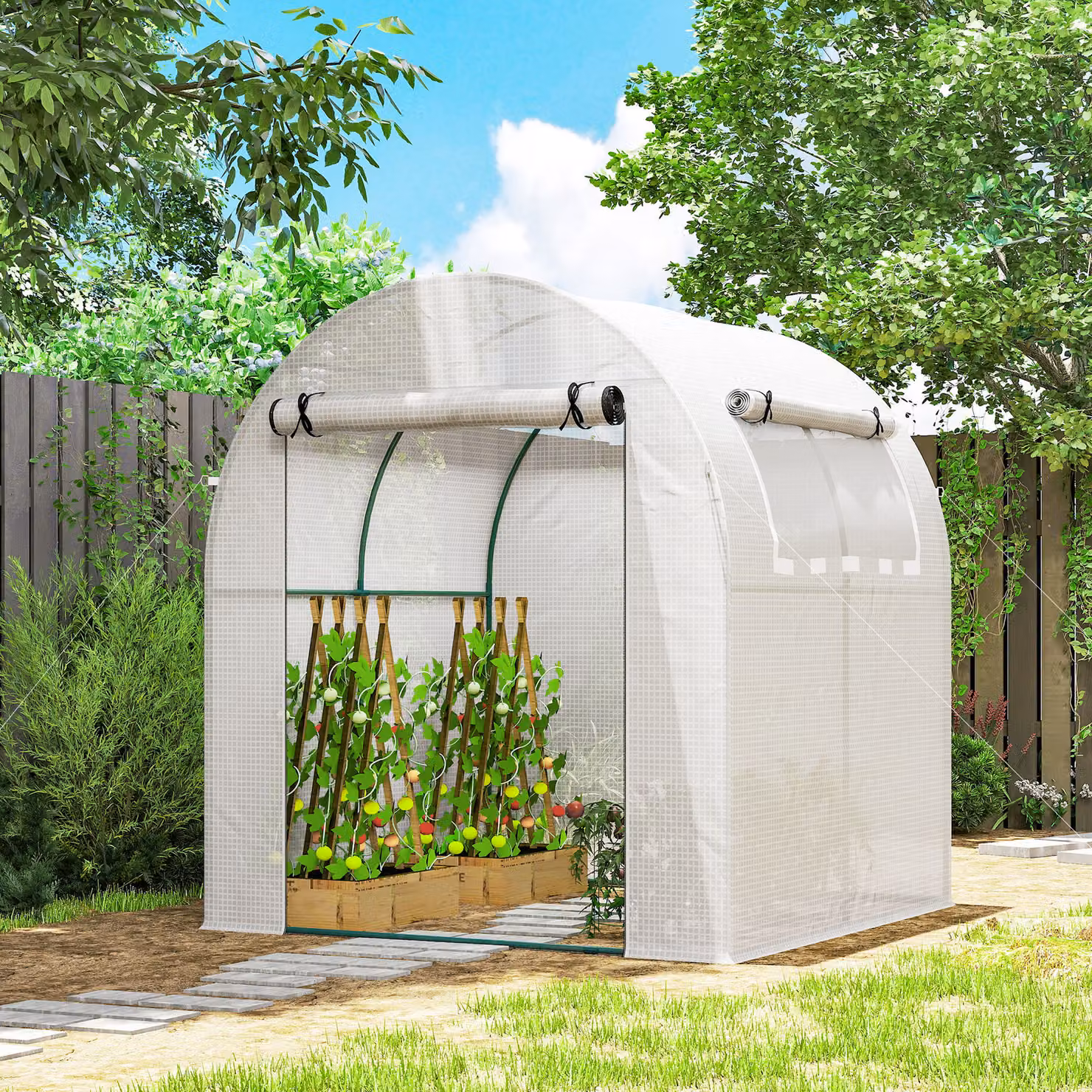 Outsunny Walk In Polytunnel Greenhouse in White and Green with Roll-up Window and Door, W/D/H: 180 x 180 x 200 cm – 2
