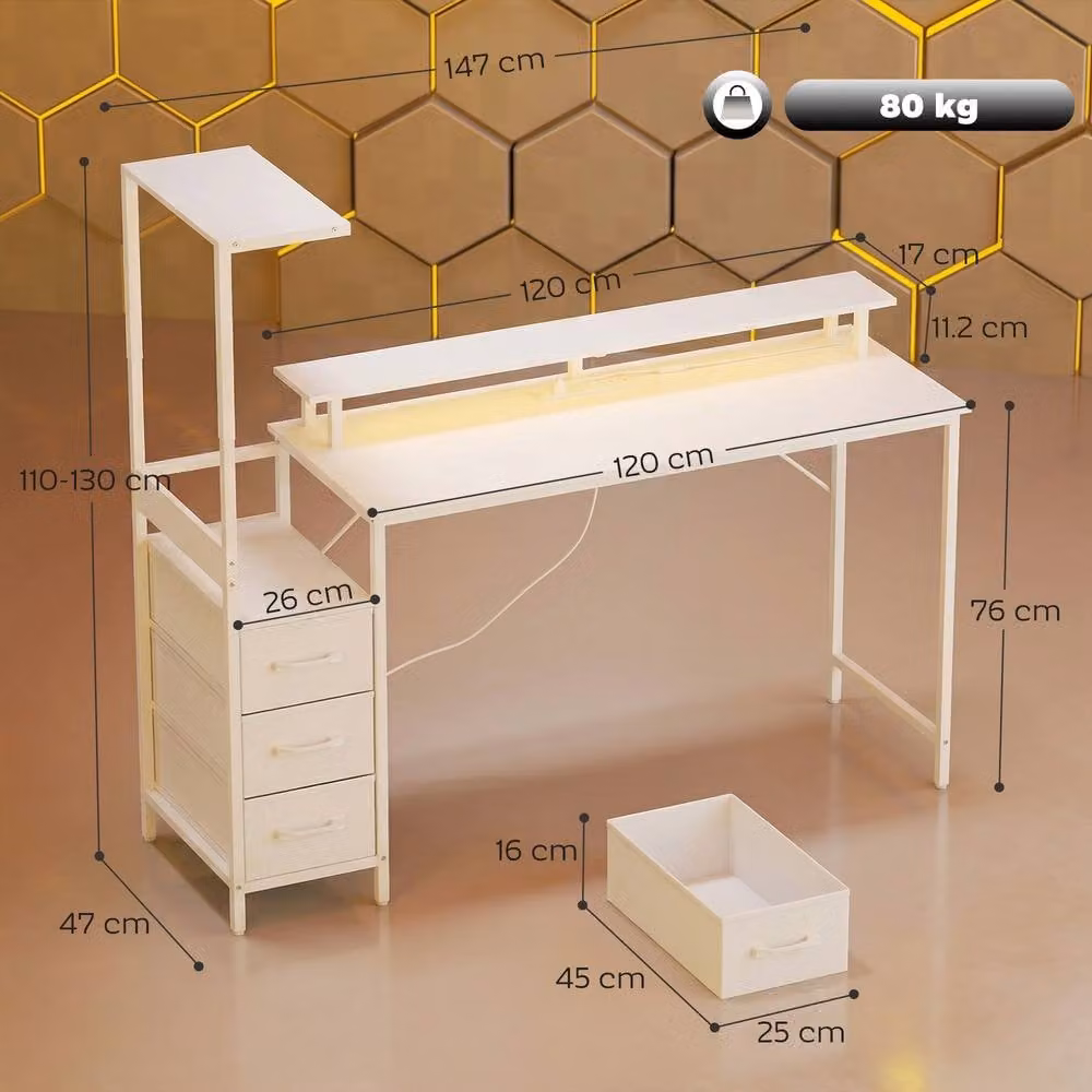 HOMCOM White Gaming Desk with Charging Station and RGB Lights, W: 147 cm – 3