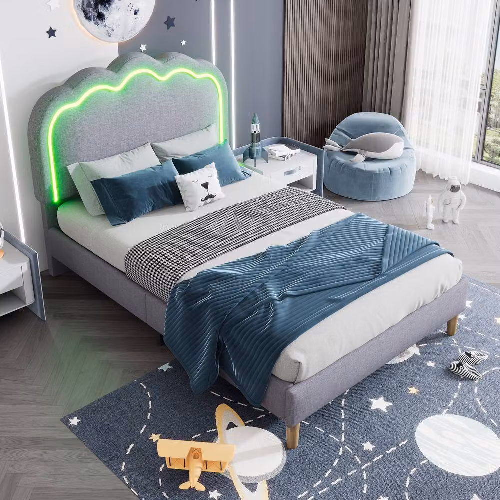 BES HOME Grey Linen Single Bed with LED Mood Headboard and Adjustable Height, W/D/H: 90 x 190 cm – 3