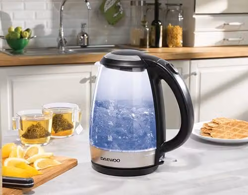 Daewoo 1.7L Glass and Stainless Steel Electric Kettle with LED Light, 2200W Fast Boil and Auto Shut-Off in Transparent Blue – 2