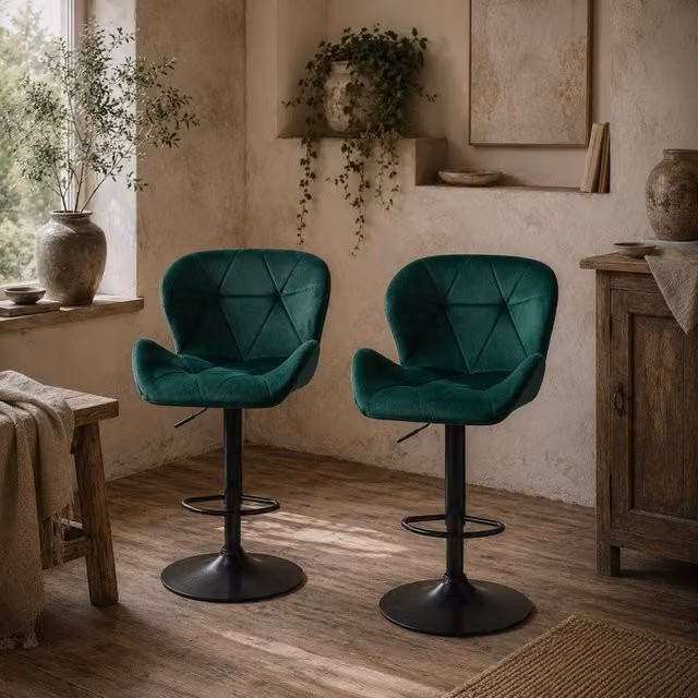 Wyld Haus Somaveno Set of 2 Green Velvet Adjustable Bar Stools with Metal Base, H 117 x W 57 x D 58 cm – 1