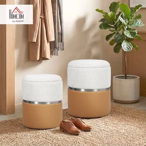 HOMCOM Set of 2 Round Cylindrical Storage Ottomans in Brown, Beige and Silver with PU Leather Upholstery, W/D/H: 36 x 36 x 45 cm and 45 x 45 x 36 cm – 2