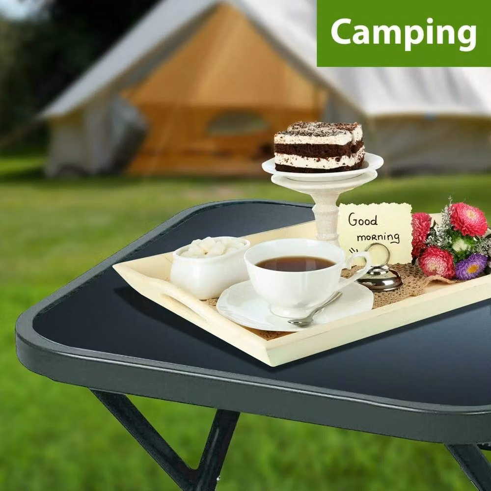 SPETLEK Folding Side Table with Black Glass Top and Metal Frame – 2