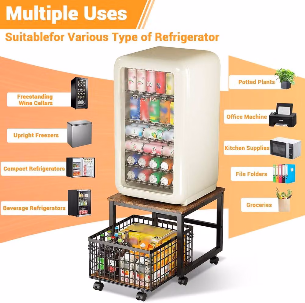 London Boutique Heavy-Duty Mobile Mini Fridge Stand with Drawer Basket in Brown – 7