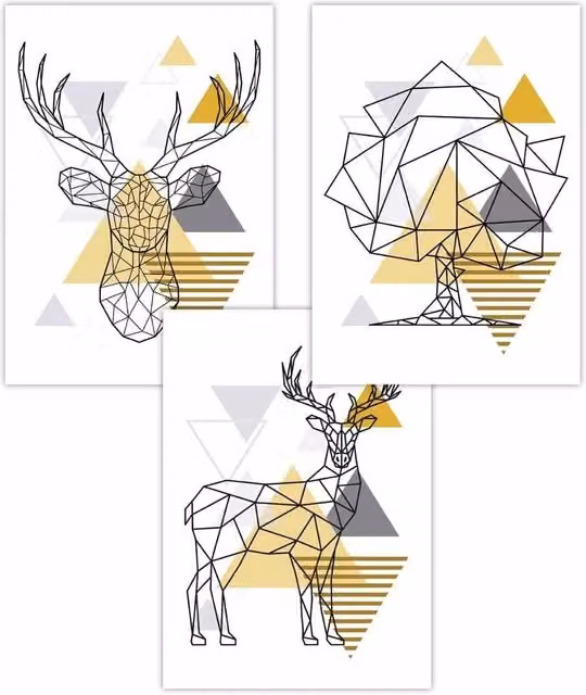 ARTZE Set of 3 Modern Geometric Line Art Posters featuring Yellow Stags and Trees in Yellow, Grey and Black, W: 30 cm, H: 42 cm
