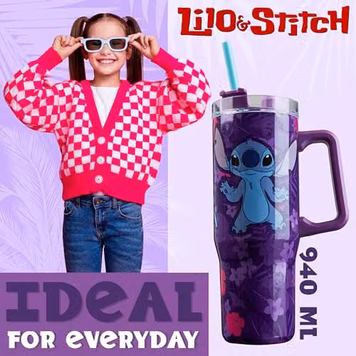 Disney Stitch Insulated Tumbler Travel Mug in Purple, 940ml Stainless Steel Water Bottle with Straw and Handle – 3