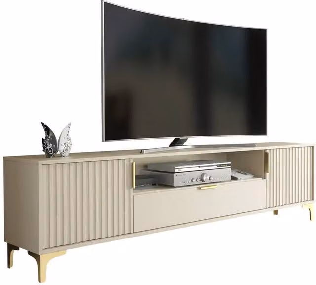 FORGEVIO Modern Beige Metal TV Unit and Storage Cabinet with Media Compartments