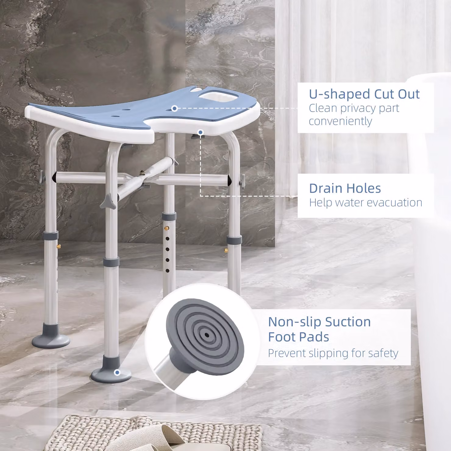 HOMCOM Non-Slip Aluminium Shower Stool for Elderly and Disabled in Blue, W/D/H: 48.5 x 39.0 x 39.0 cm – 3
