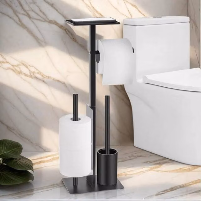 VOGREX Free Standing Stainless Steel Toilet Paper Holder with Spare Roll Holder in Black