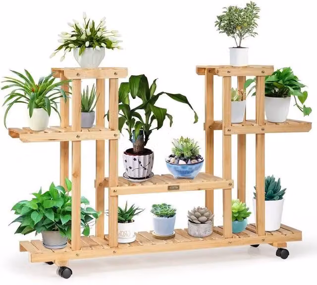 VOGREX 4-Tier Wooden Plant Stand with 8 Shelves and Wheels in Brown