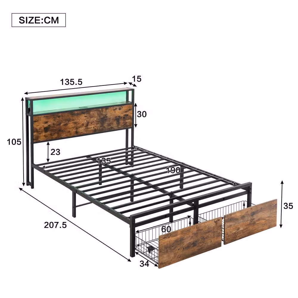 Merax Double Industrial Metal Bed Frame with Storage Drawers and LED Headboard in Black, W/D/H: 140 x 200 x 135.5 cm – 3