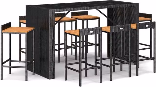 Berkfield Home 9 Piece Black Poly Rattan and Solid Acacia Wood Garden Bar Set