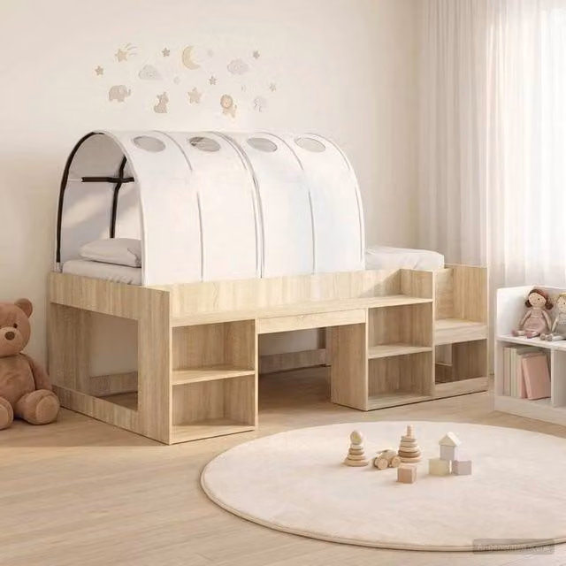 Berkfield Home 3-Piece Childrens Bed Frame with House Tunnel and Bedside Shelves in Sonoma Oak, White and Brown