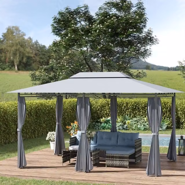 Outsunny 2 Tier Steel Frame Outdoor Gazebo in Grey, W: 4 m, D: 3 m