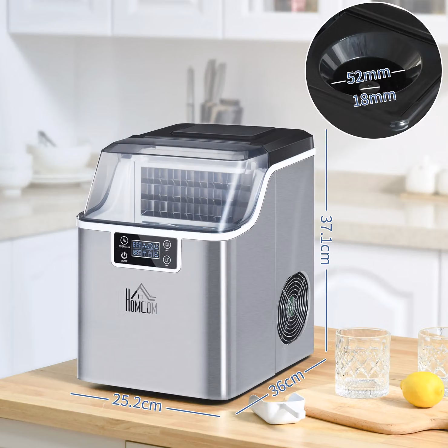 HOMCOM Silver Countertop Ice Maker Machine with 3.2L Capacity and Ice Scoop – 3