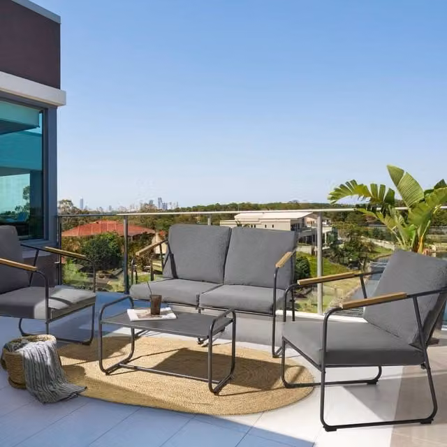 Wyld and Coco 4-Seater Outdoor Sofa Set with Grey Upholstered Cushions and Teak Accents – 1