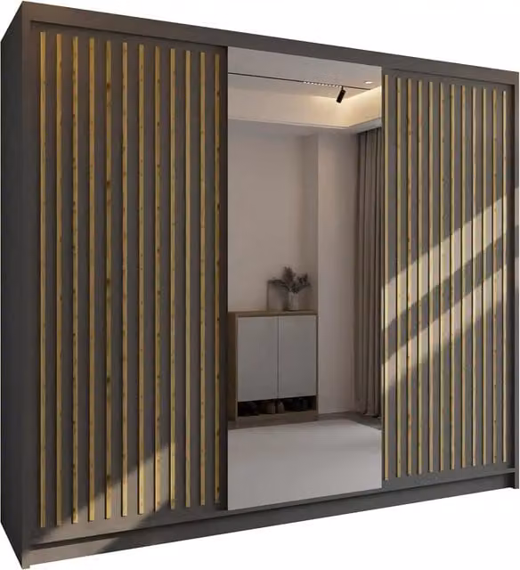 Sliding Wardrobes 4u London Modern Grey Sliding Wardrobe with Mirror Door and Integrated Drawers, W: 250 cm, H: 203 cm
