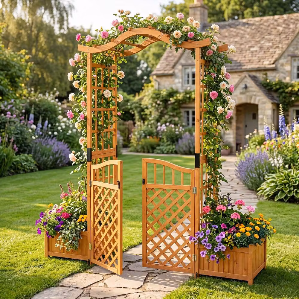 Costway Wooden Garden Arbor with Gate, 2 Planter Boxes and Drainage Holes, Brown, H 210 x W 185 x D 46 cm – 4