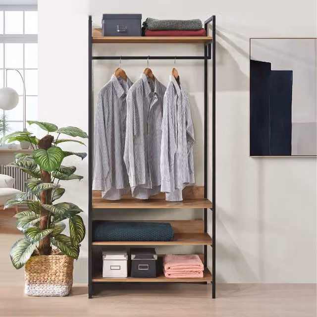 Swish Furniture Alva Open Wardrobe with 4 Shelves and Hanging Rod in Oak and Black