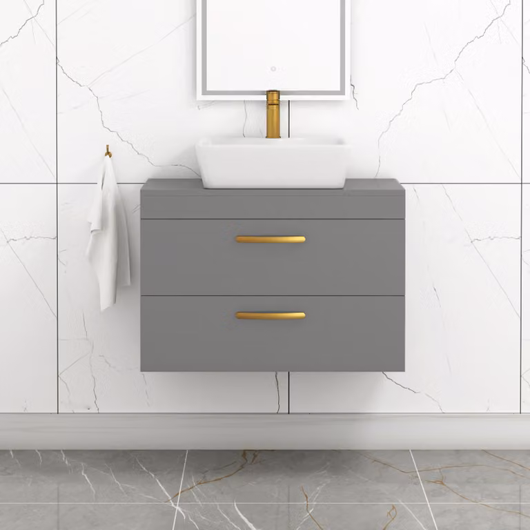 Royal Bathrooms 800mm Wall Hung Vanity Unit with 2 Drawers and Cube Countertop Basin in Indigo Grey Gloss with Brushed Brass Handle