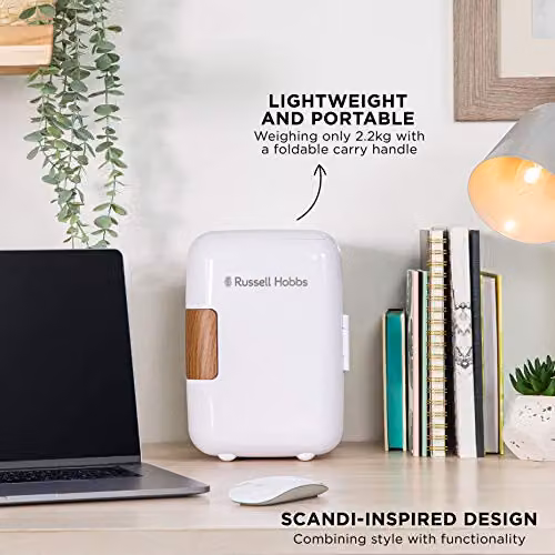 Russell Hobbs RH4CLR1001SCW 4L Mini Portable Cooler and Warmer for Drinks and Cosmetics, White and Wood Effect, W/D/H: 25.2 x 24.0 x 18.0 cm – 2