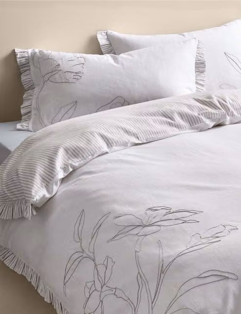 M&S Pure Cotton Floral Embroidered Bedding Set, White Mix, W: 140 cm, L: 200 cm