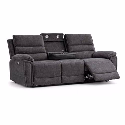Furnishings For Less UK Sicily Grey Fabric 3 Piece Electric Recliner Sofa Set with 3 Seater and 2 Armchairs, featuring USB Charging and Cup Holders – 3