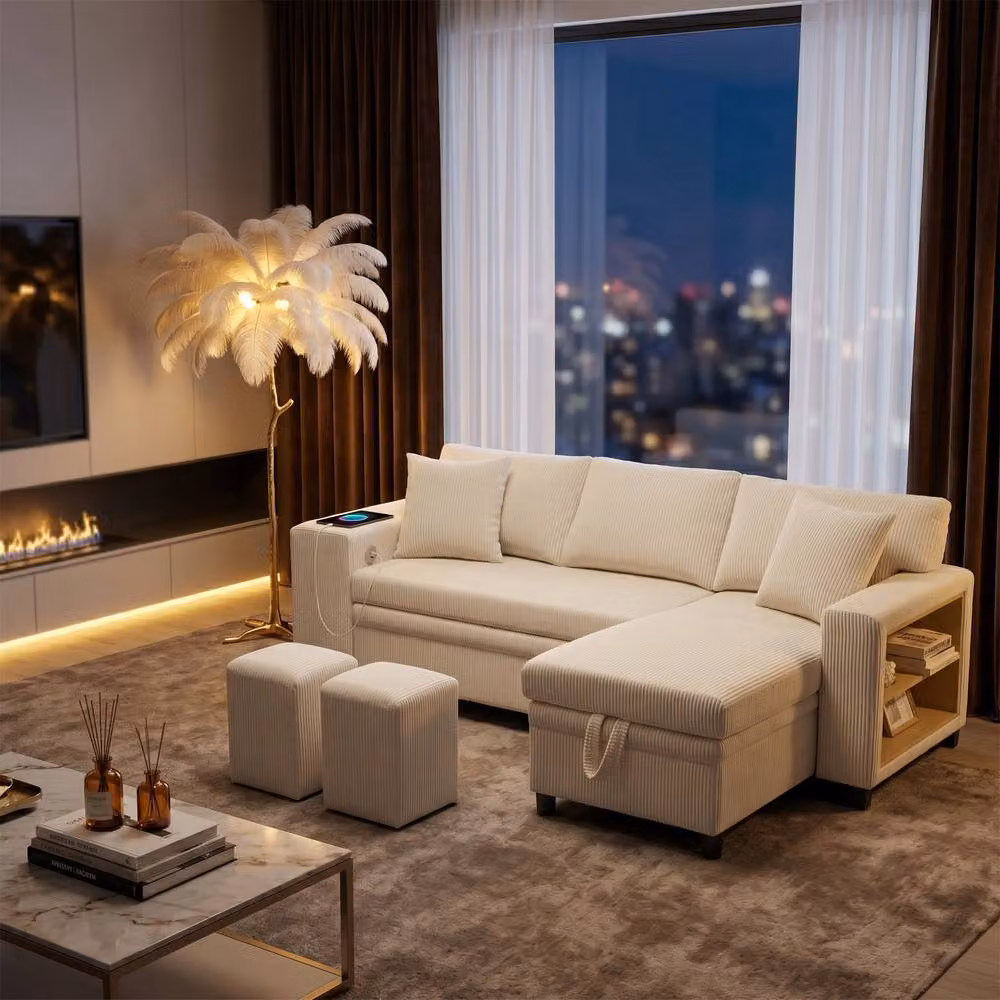 FENCHILIN L-Shaped Pull-out Sofa Bed with Reversible Chaise, 2 Ottomans and USB Charging, Beige – 2