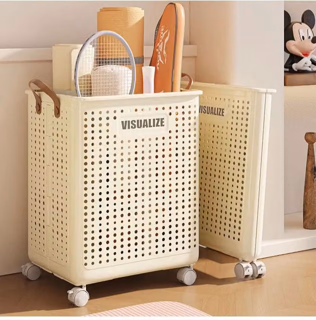 Living and Home Foldable Laundry Basket with Wheels and Handles, Beige