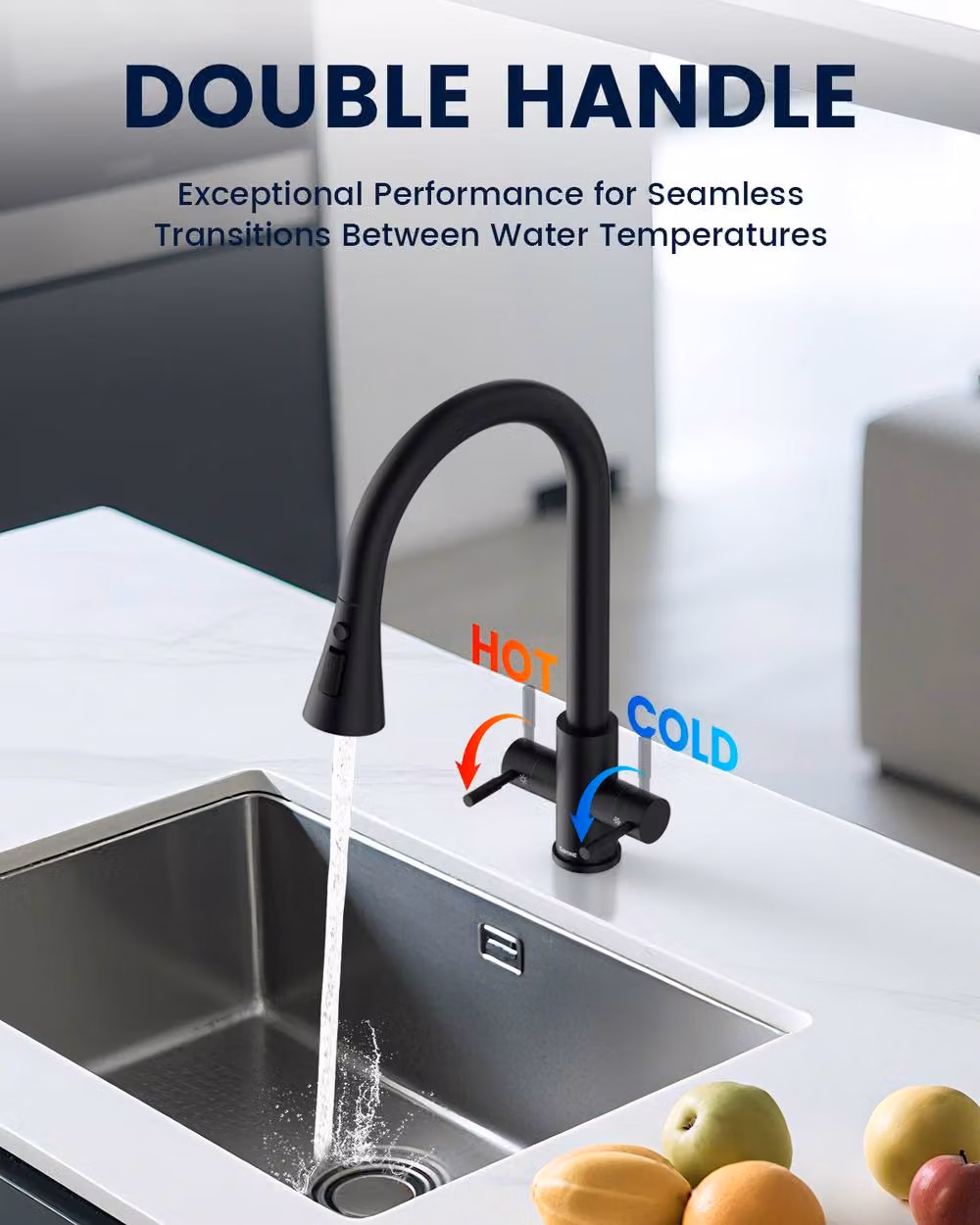 Dayone Sleek Stainless Steel Kitchen Tap with Pull Out Spray and Dual Lever Design in Matt Black – 3
