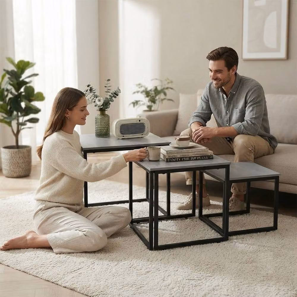 Alivio 3-Piece Industrial Nesting Coffee Table Set with Wood Tops and Black Metal Frame in Grey – 2
