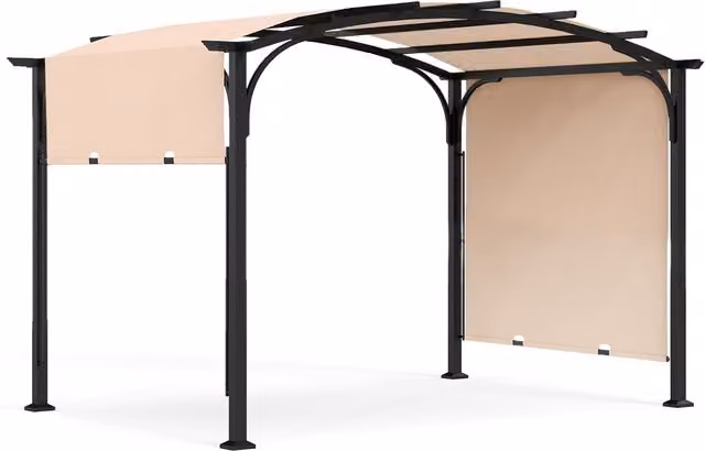COSTWAY Modern Curved Retractable Pergola with Beige Polyester Canopy and Metal Frame