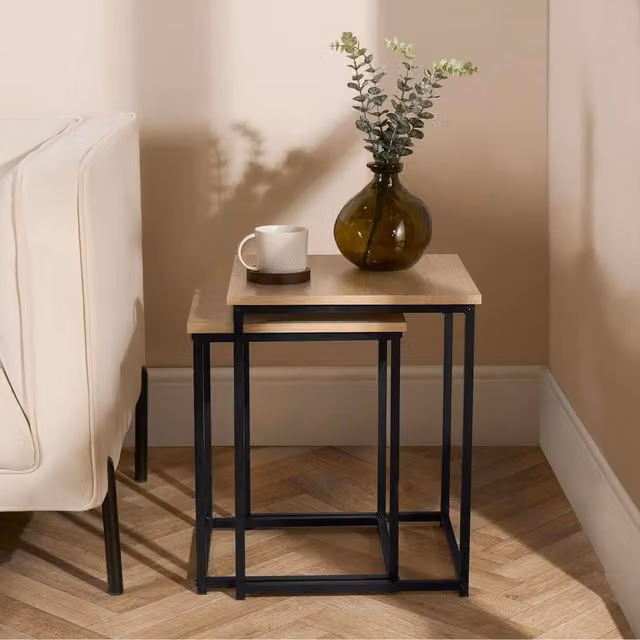 OHS 2 Piece Square Wooden Side Tables with Nested Tops in Brown