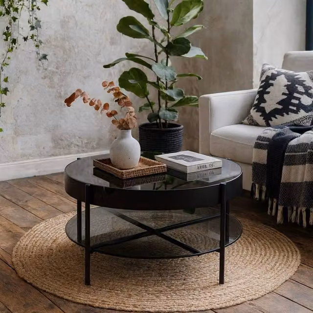 Wyld Haus Tampere Round Coffee Table with Grey Glass Lift Top and Black Frame, W/D/H: 75 x 75 x 45 cm