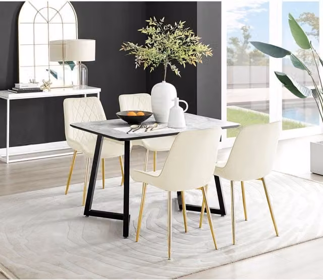 FurnitureboxUK Carson White Marble Effect Dining Table and 4 Pesaro Gold Leg Chairs in Cream
