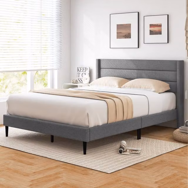 Costway Modern Upholstered Platform Bed in Grey, W/D/H: 140 x 200 cm